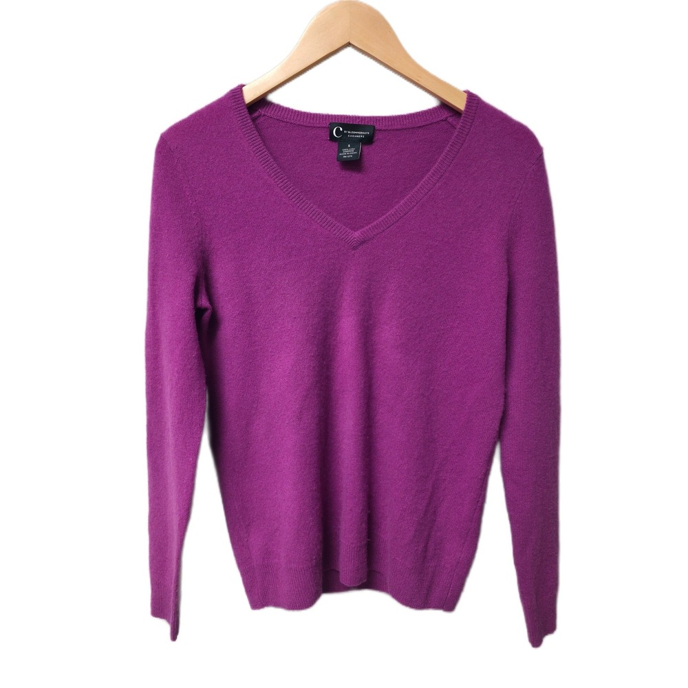 C by Bloomingdale's V-Neck Sweater Womens S Purple 100% 2-Ply Cashmere Timeless